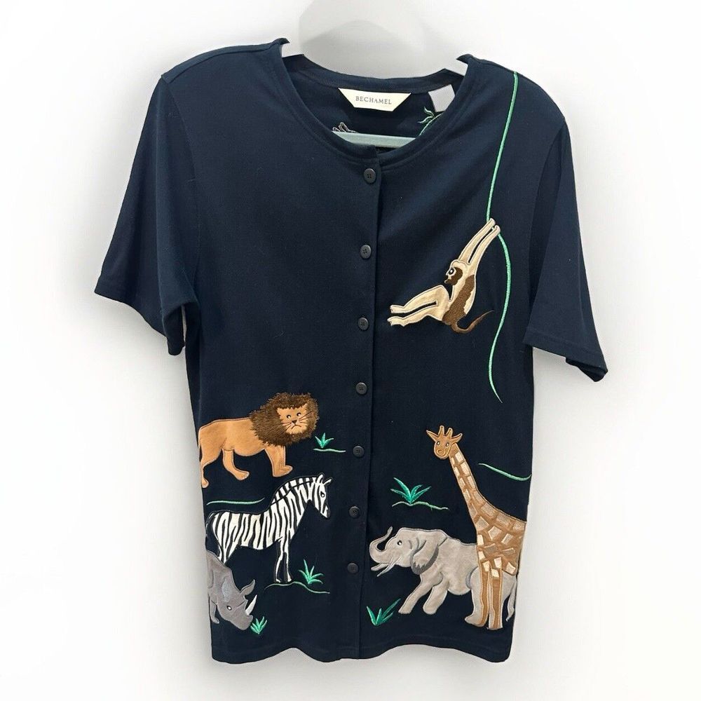 Bechamel Embroidered Zoo Animals Safari Top Black Med Artsy Full‎ Button Teacher